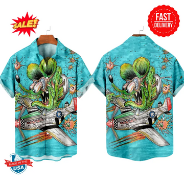 BlueJose Rat Fink Button Shirt - Legendary Lowbrow Cartoon Art, High-Speed Racing