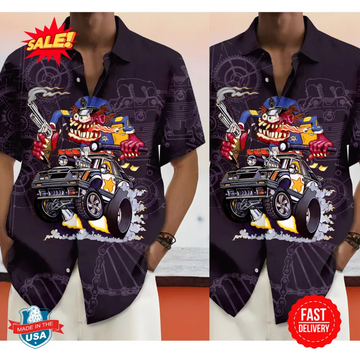 BlueJose Vintage Hawaiian Shirt - Crazy Cartoon Rat, Flames & Wheels
