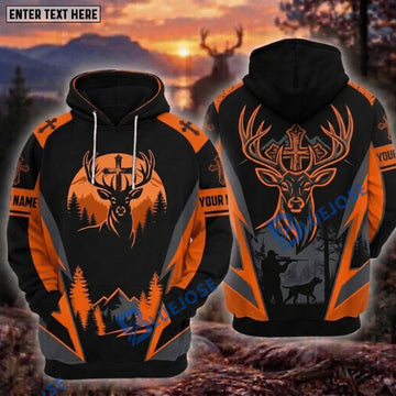 BlueJose Deer Hunting Cross Faith Blaze Orange Buck Hunter And Dog Forest Mountain Camo Hoodie Personalized Your Name 3D Hoodie