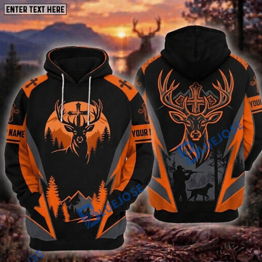 BlueJose Deer Hunting Cross Faith Blaze Orange Buck Hunter And Dog Forest Mountain Camo Hoodie Personalized Your Name 3D Hoodie