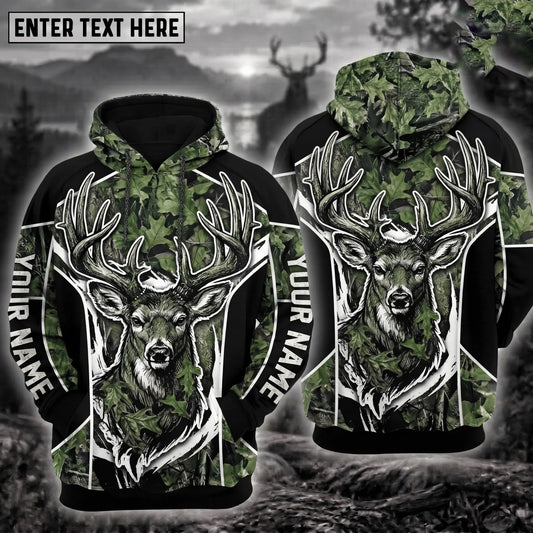 BlueJose Deer Hunting Green Leaf Camo Big Buck Antler White Sketch Personalized Hoodie Your Name 3D Hoodie