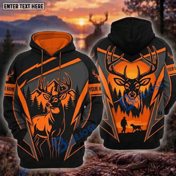 BlueJose Deer Hunting Hunter And Dog Blaze Orange Buck Mountain Forest Sunset Camo Hoodie Personalized Your Name 3D Hoodie