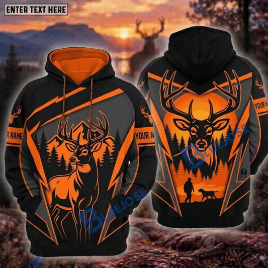 BlueJose Deer Hunting Hunter And Dog Blaze Orange Buck Mountain Forest Sunset Camo Hoodie Personalized Your Name 3D Hoodie