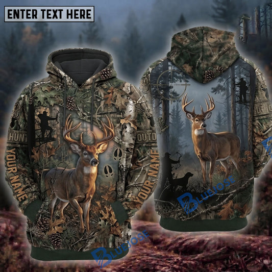 BlueJose Deer Hunting Real Tree Camo Bow Hunter Treestand Hunter And Dog Scope Crosshair Buck Personalized Hoodie Your Name 3D Hoodie