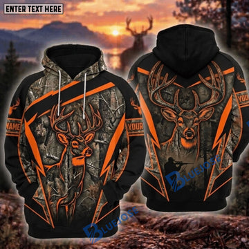 BlueJose Deer Hunting Tree Camo Blaze Orange Buck Hunter Forest Silhouette Hoodie Personalized Your Name 3D Hoodie