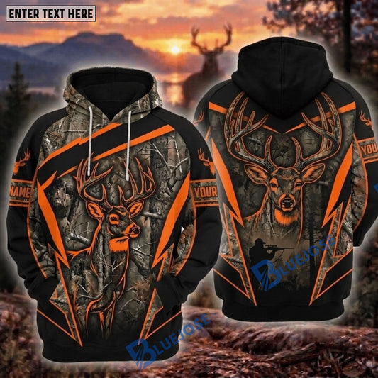 BlueJose Deer Hunting Tree Camo Blaze Orange Buck Hunter Forest Silhouette Hoodie Personalized Your Name 3D Hoodie