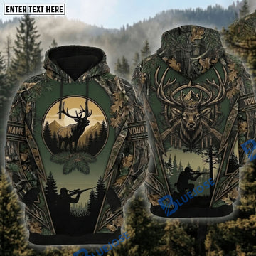 BlueJose Elk Hunting Mountain Sunset Compass Antler Rifle Hunter Forest Camo Hoodie Personalized Your Name 3D Hoodie