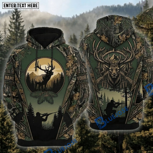 BlueJose Elk Hunting Mountain Sunset Compass Antler Rifle Hunter Forest Camo Hoodie Personalized Your Name 3D Hoodie