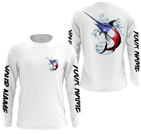 Bluejose Swordfish Fishing American Flag Custom Long Sleeve Performance Fishing Shirts, Patriotic