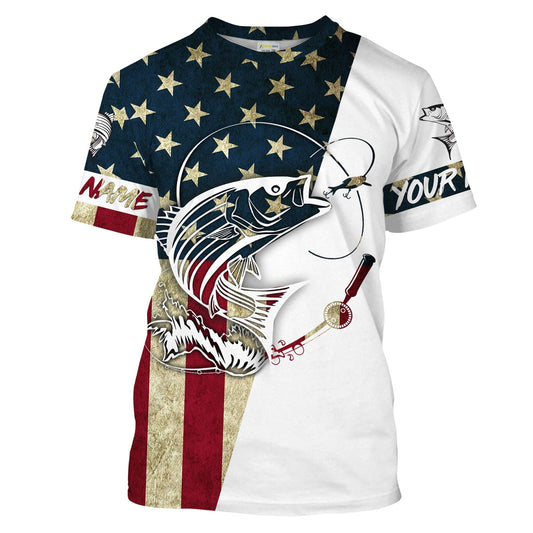 Bluejose Striped Bass Fishing American Flag Custom  Long Sleeve Fishing Shirts, Personalized Patriotic Fishing Gifts