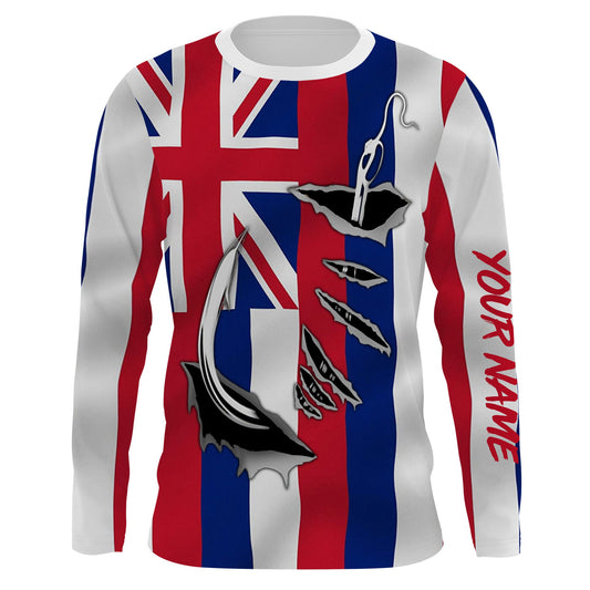 Bluejose Hi Fishing 3D Fish Hook Hawaiian Flag   Quick-Dry Custom Long Sleeves Shirts  Personalized  Gift For Fishing Loversâ 