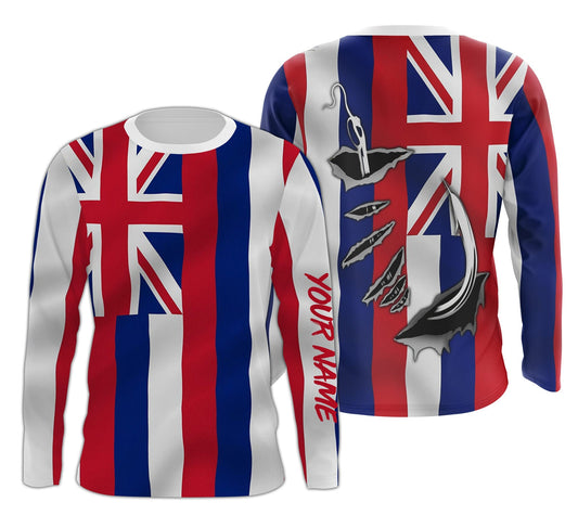 Bluejose Hawaii State Fishing Custom Hawaiian Flag 3D Fish Hook   Long Sleeve  Personalized  Gifts