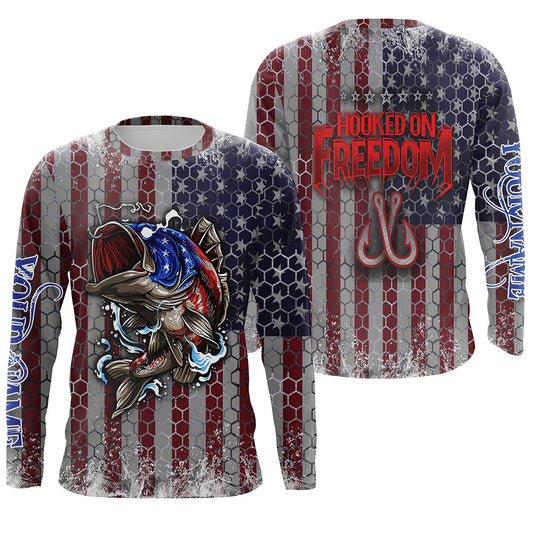 Bluejose Personalized Bass Fishing American Flag   Long Sleeve Performance Fishing Shirts  Patriotic Fishing Gifts Hooked On Freedom