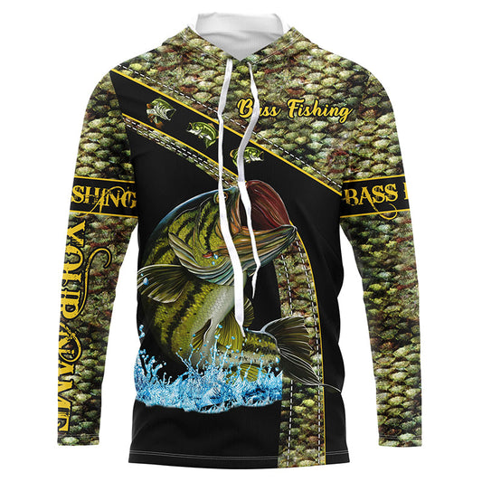 Bluejose Largemouth Bass Fishing Green Bass Scales Custom Name Bass Fishing Long Sleeve, Long Sleeve Hoodedâ 