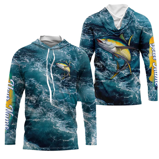 Bluejose Tuna Saltwater Fishing Custom Blue Sea Wave Fishing Tournament Shirt | Long Sleeve, Long Sleeve Hooded