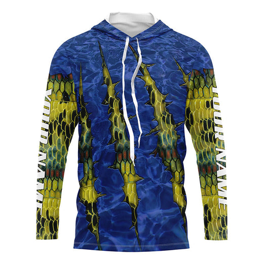 Bluejose Largemouth Bass Fishing Scales Blue Camo Long Sleeve Fishing Shirts, Personalized Bass Fishing