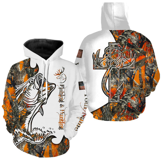 BlueJose Fishing And Hunting Deer And Bass Camo 3D Hoodie