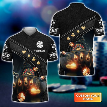 BlueJose Poker Quad Aces Black Leather Personalized Name 3D Polo Shirt